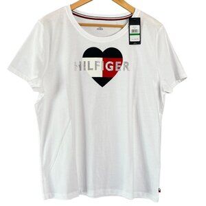 Tommy Hilfiger Womens Heart Graphic Logo Cotton Crew Neck T Shirt Sz Large White